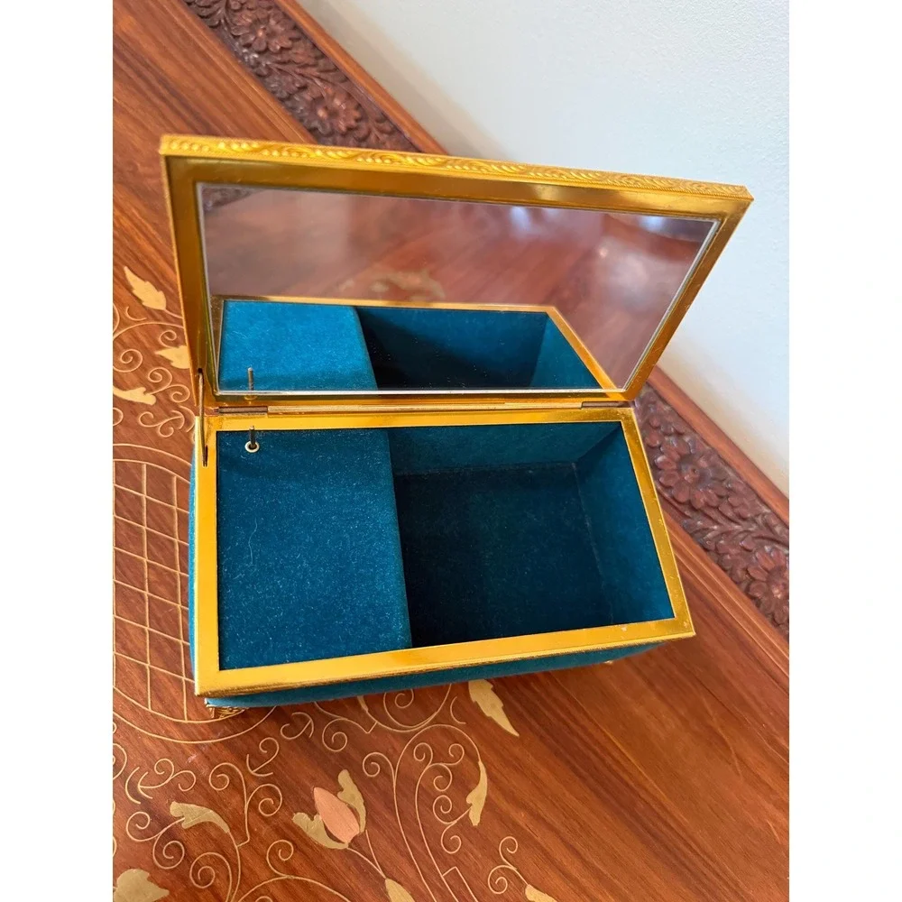 Vintage Japan Velvet Jewelry Box - Music Box with Gold‎ Ormolu & Rose Lid